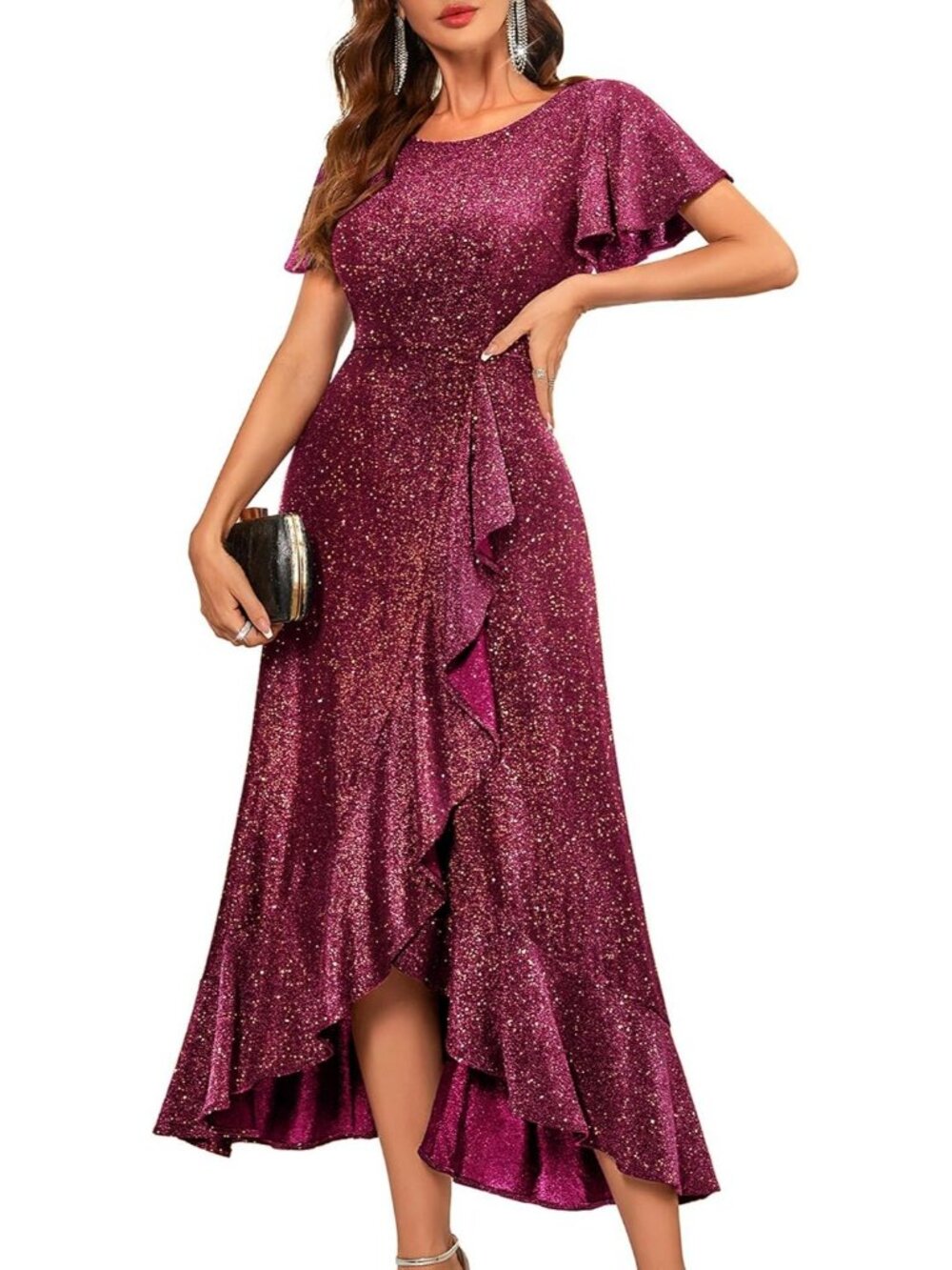 Women's Golden Pink Sequin Bride Wedding Stunning Gowns Formal Events Dresses